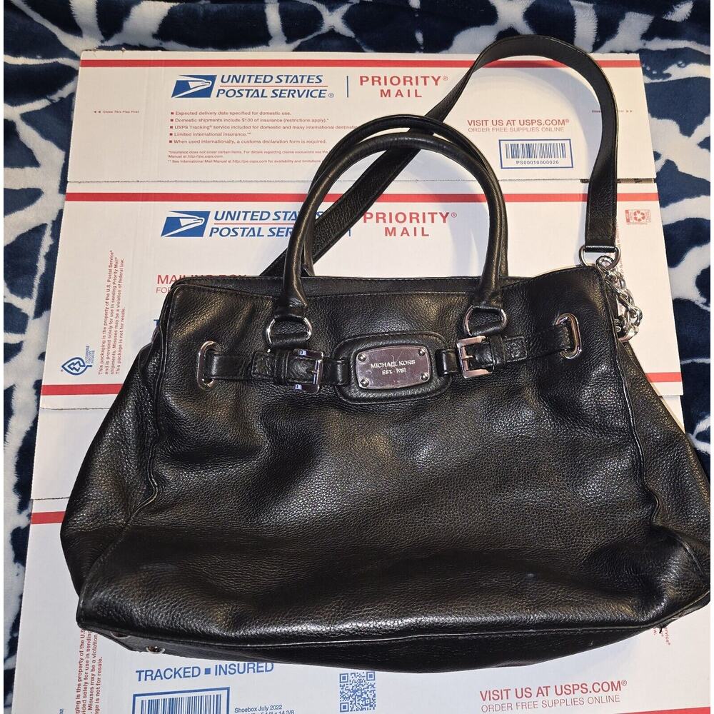 Michael Kors Hamilton Est. 1981 Black Leather Shoulder Satchel Tote Bag Purse